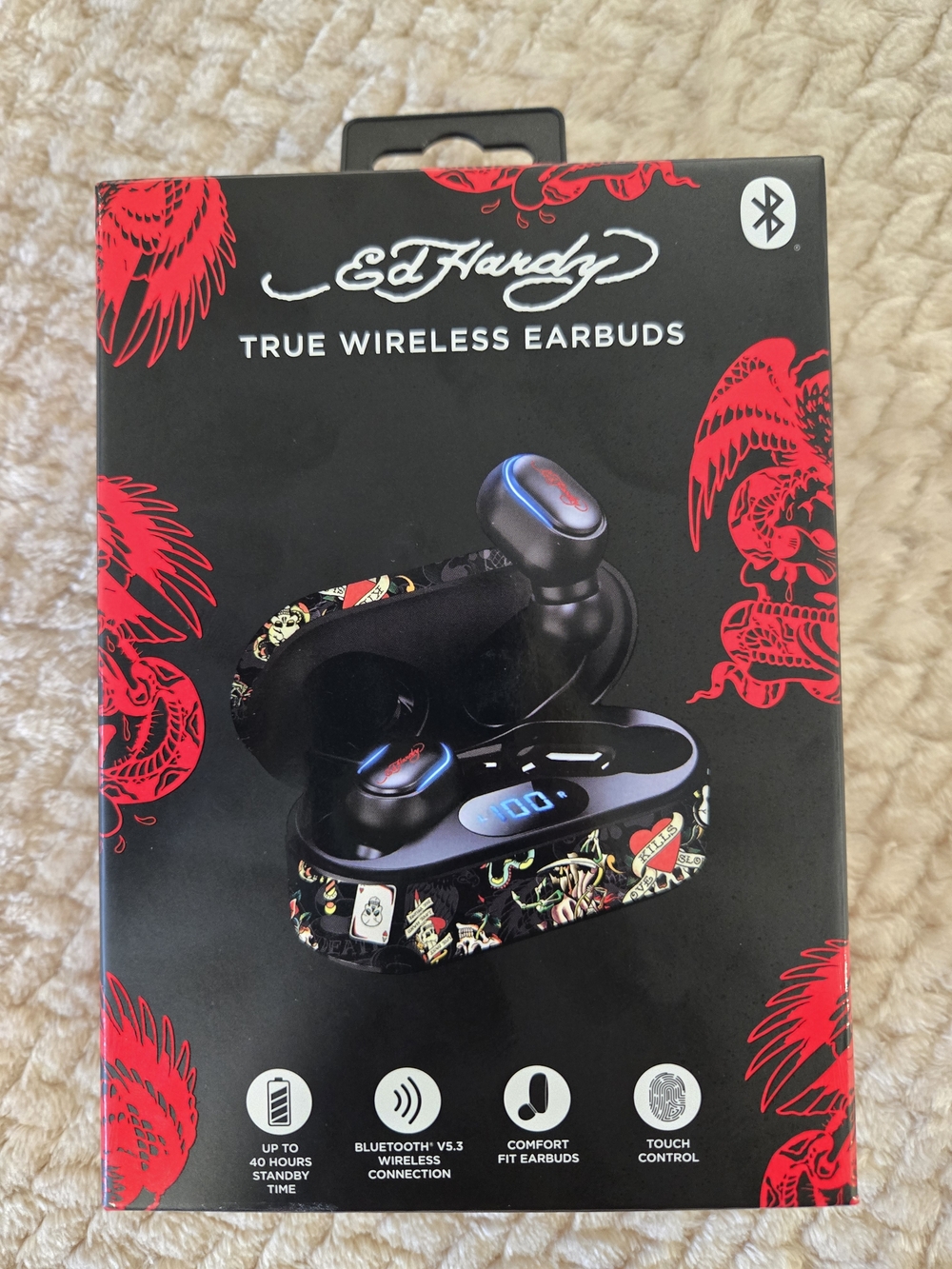 Ed Hardy Black True Wireless Earbuds with Red Accents